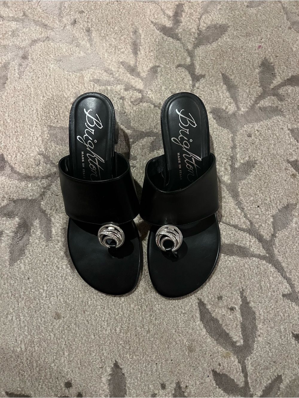 Brighton Black Leather Slide Mules with Silver Ring Detail